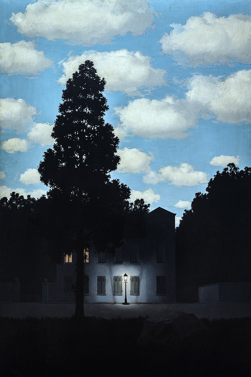 René Magritte, Empire of Light: a lamp-lit house among dark trees at night beneath a bright daytime sky